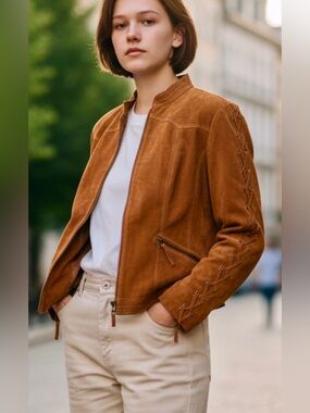 OSO Leather Jacket L Cropped Grommet Lace Detail Contrast Lining Western Rodeo